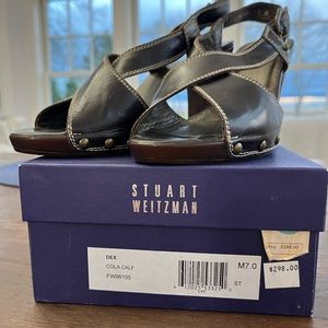 Stuart Weitzman Size 7 Dec high heeled brown cross crossed leather sandal